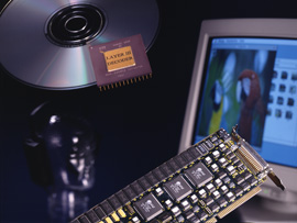 First mp3 decoder chip from Micronas and mp3 encoder card for PC. © Fraunhofer IIS/Kurt Fuchs 