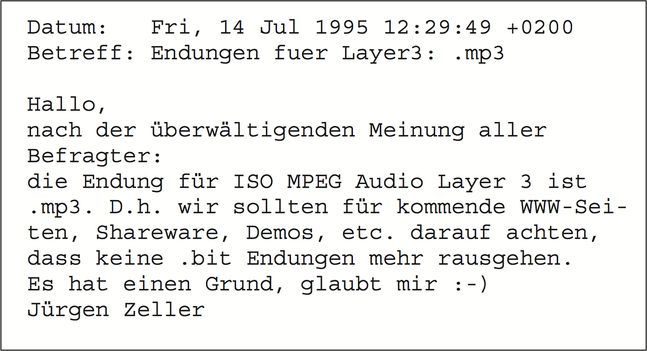 The name “mp3” is coined. In an internal poll, Fraunhofer researchers unanimously vote for .mp3 as the file-name extension for MPEG Layer 3, © Fraunhofer IIS